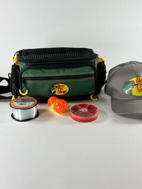 Bass Pro Shops Fishing Tackle Bag w/Gray Hat Bobbers Weights Monofilament Line
